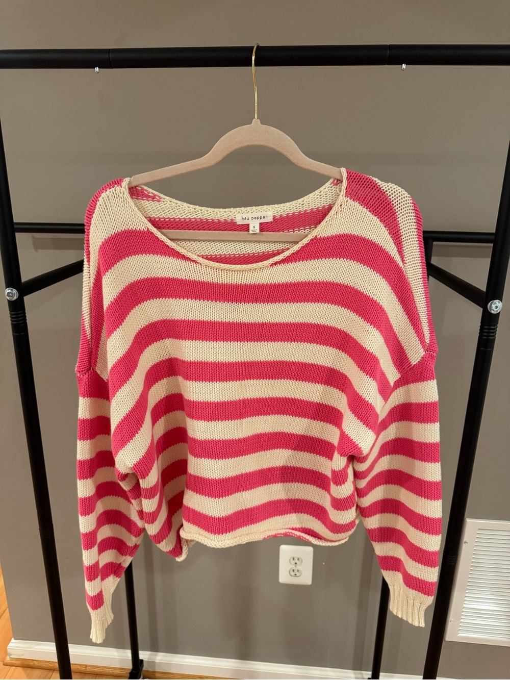 Blu Pepper Cream and Pink Striped Knit Crewneck Sweater